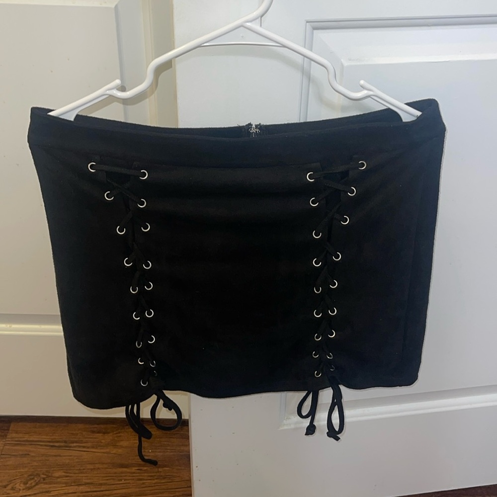 Black suede lace up mini skirt